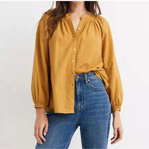 Madewell Floral Embroidered Smocked-Neck Raglan  Top